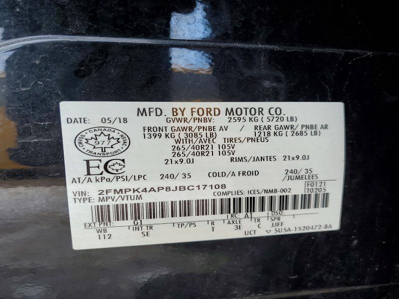 77135895 :رقم المزاد ، 2FMPK4AP8JBC17108 vin ، 2018 Ford Edge مزاد بيع
