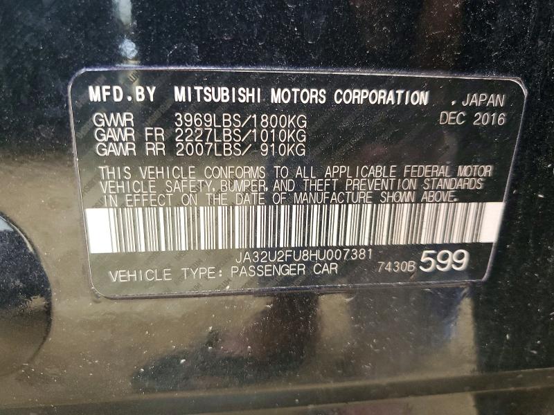 2017 Mitsubishi Lancer მანქანა იყიდება აუქციონზე, vin: JA32U2FU8HU007381, აუქციონის ნომერი: 78820775