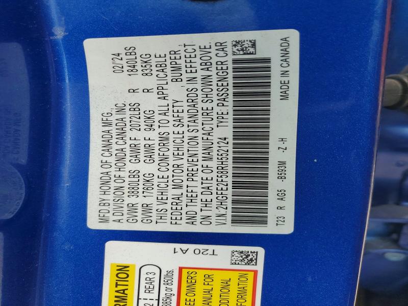 78906795 :رقم المزاد ، 2HGFE2F58RH552124 vin ، 2024 Honda Civic مزاد بيع