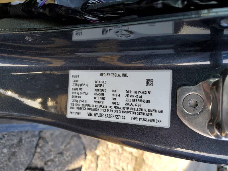 Aukcja sprzedaży 2024 Tesla Model 3, vin: 5YJ3E1EA2RF727144, numer aukcji: 76015135