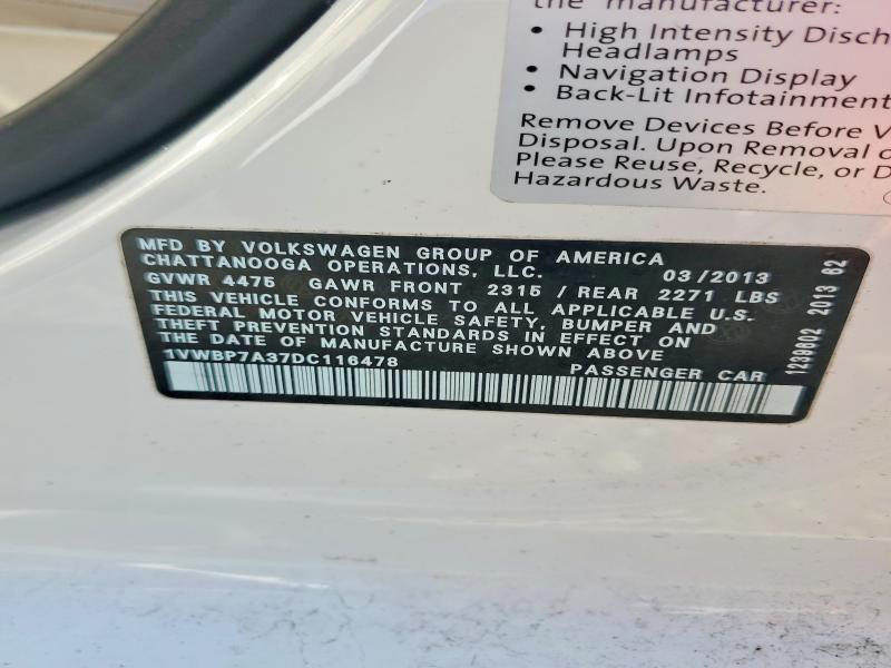 Продаж на аукціоні авто 2013 Volkswagen Passat, vin: 1VWBP7A37DC116478, номер лоту: 78400865
