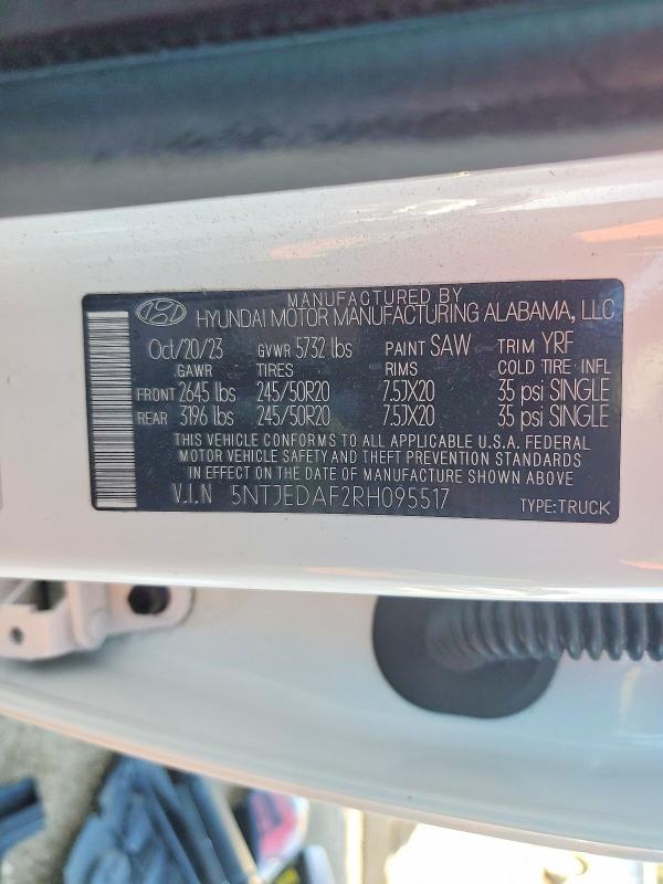 2024 Hyundai Santa Cruz მანქანა იყიდება აუქციონზე, vin: 5NTJEDAF2RH095517, აუქციონის ნომერი: 77390045