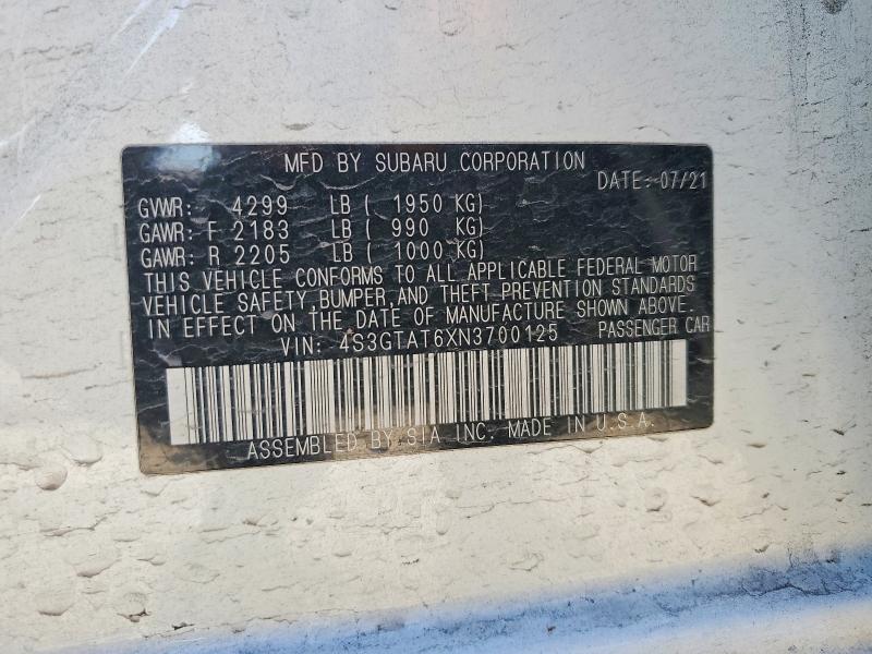 76460645 :رقم المزاد ، 4S3GTAT6XN3700125 vin ، 2022 Subaru Impreza مزاد بيع