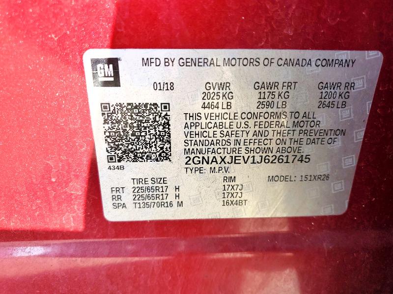 Продаж на аукціоні авто 2018 Chevrolet Equinox Lt, vin: 2GNAXJEV1J6261745, номер лоту: 75855095