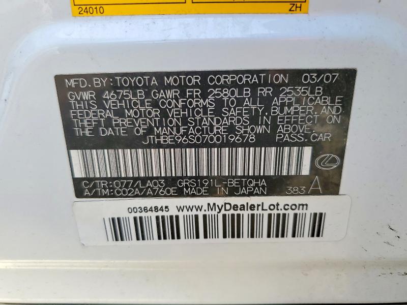 77498365 :رقم المزاد ، JTHBE96S070019678 vin ، 2007 Lexus Gs 350 مزاد بيع