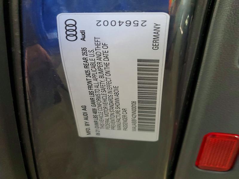 77597975 :رقم المزاد ، WAUABBF42NN000108 vin ، 2022 Audi A4 مزاد بيع