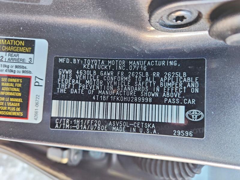 2017 Toyota Camry მანქანა იყიდება აუქციონზე, vin: 4T1BF1FK0HU289998, აუქციონის ნომერი: 77103665
