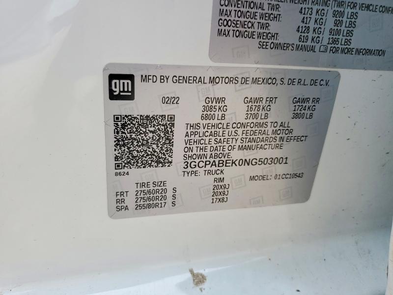 Aukcja sprzedaży 2022 Chevrolet Silverado, vin: 3GCPABEK0NG503001, numer aukcji: 78249795