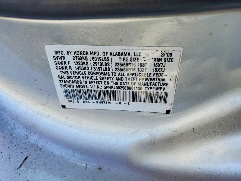 72968755 :رقم المزاد ، 5FNRL38298B061138 vin ، 2008 Honda Odyssey مزاد بيع