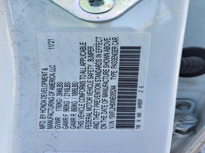 Aukcja sprzedaży 2022 Honda Civic, vin: 19XFL2H8XNE005244, numer aukcji: 75731505