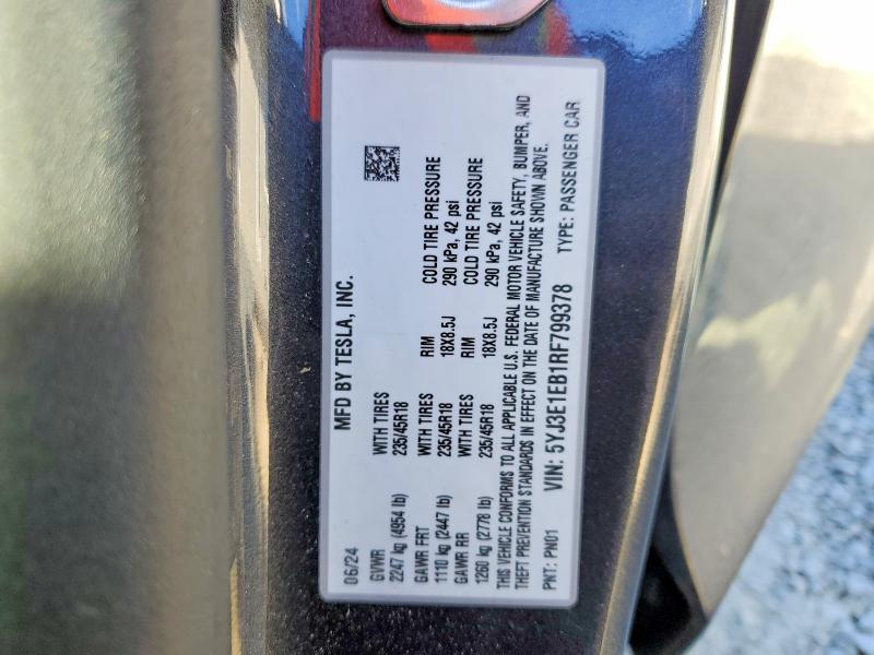 77021115 :رقم المزاد ، 5YJ3E1EB1RF799378 vin ، 2024 Tesla Model 3 مزاد بيع