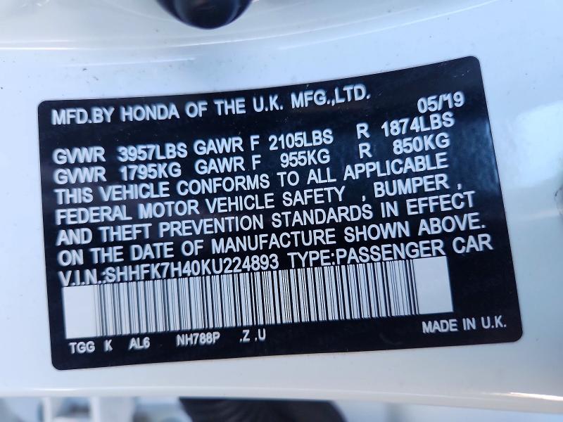 Продаж на аукціоні авто 2019 Honda Civic, vin: SHHFK7H40KU224893, номер лоту: 76458345