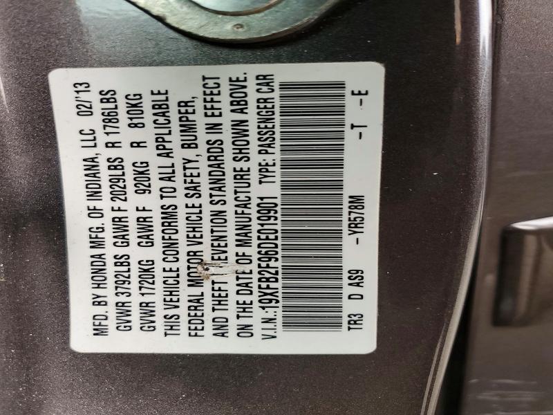 78089535 :رقم المزاد ، 19XFB2F96DE019901 vin ، 2013 Honda Civic مزاد بيع
