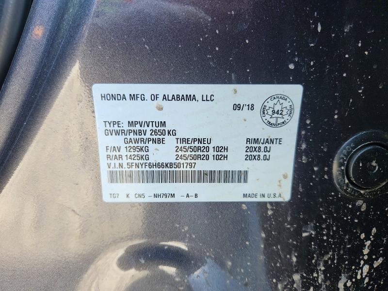 Aukcja sprzedaży 2019 Honda Pilot, vin: 5FNYF6H66KB501797, numer aukcji: 74748335