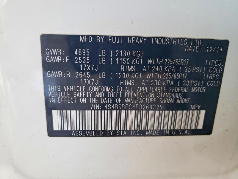 2015 Subaru Outback მანქანა იყიდება აუქციონზე, vin: 4S4BSBFC4F3269329, აუქციონის ნომერი: 76963435