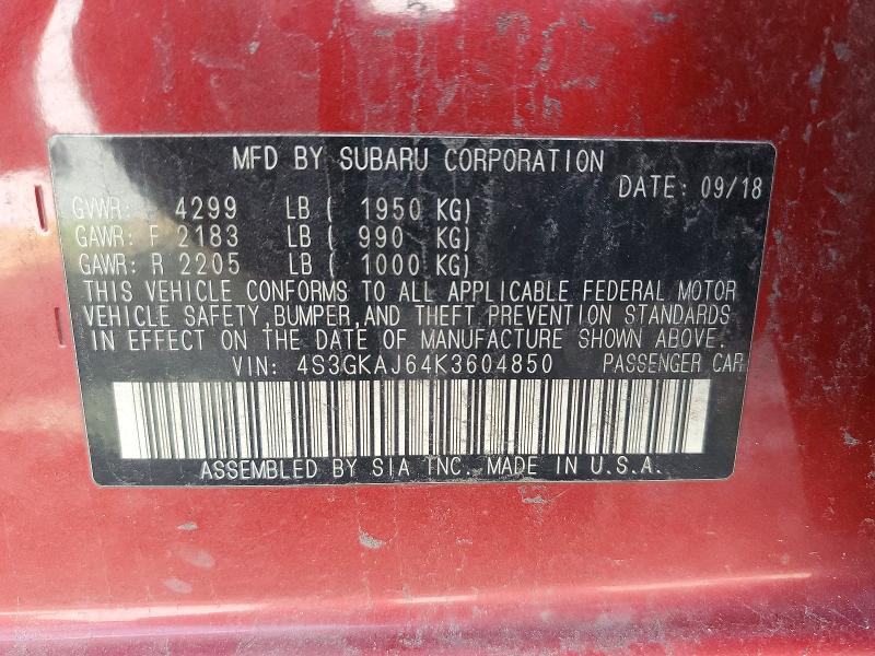 76181655 :رقم المزاد ، 4S3GKAJ64K3604850 vin ، 2019 Subaru Impreza مزاد بيع