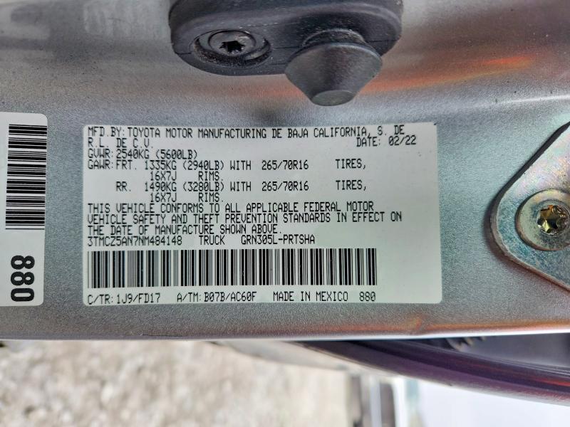 77963645 :رقم المزاد ، 3TMCZ5AN7NM484148 vin ، 2022 Toyota Tacoma مزاد بيع