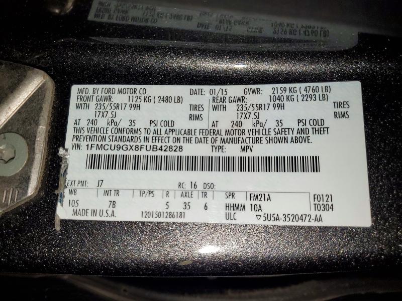 2015 Ford Escape მანქანა იყიდება აუქციონზე, vin: 1FMCU9GX8FUB42828, აუქციონის ნომერი: 78901095