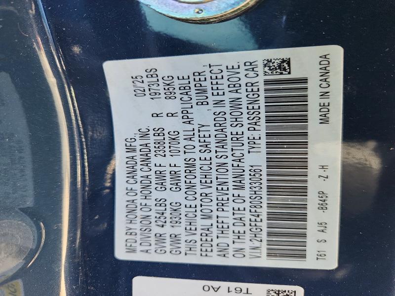 2025 Honda Civic მანქანა იყიდება აუქციონზე, vin: 2HGFE4F80SH330561, აუქციონის ნომერი: 77899495