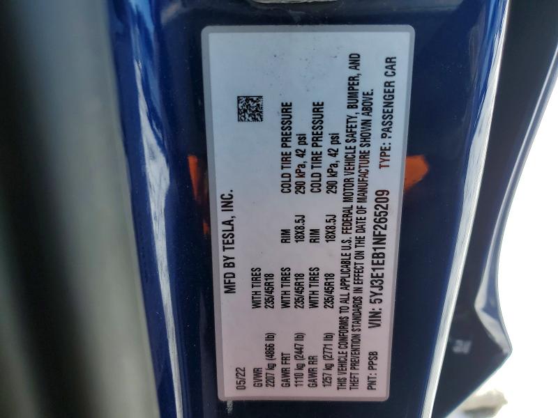 Продажа на аукционе авто 2022 Tesla Model 3, vin: 5YJ3E1EB1NF265209, номер лота: 78620555