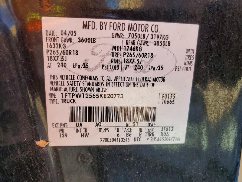 2005 Ford F150 მანქანა იყიდება აუქციონზე, vin: 1FTPW12565KE20773, აუქციონის ნომერი: 75342165