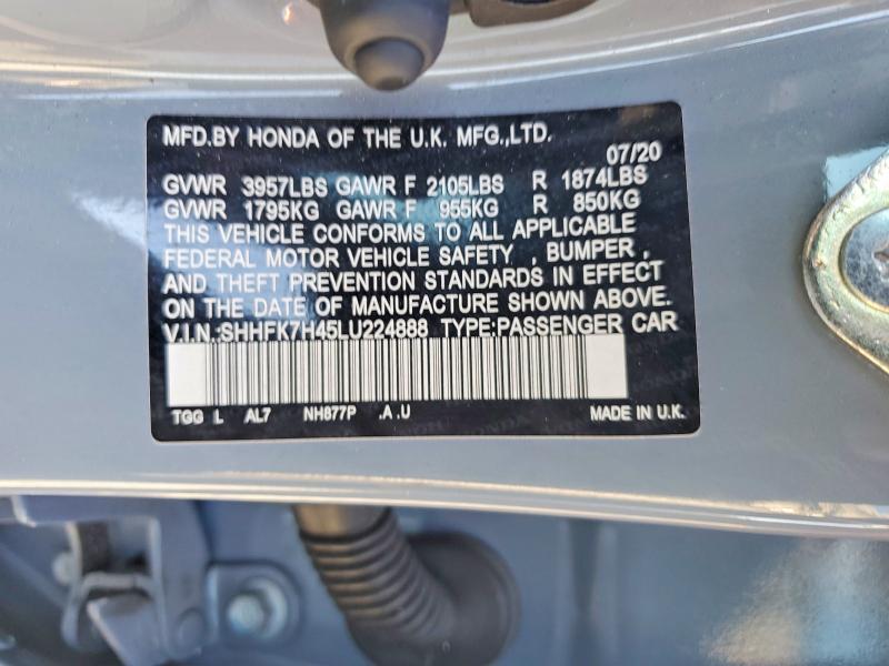 Продаж на аукціоні авто 2020 Honda Civic, vin: SHHFK7H45LU224888, номер лоту: 50688626