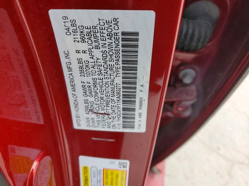 Продаж на аукціоні авто 2019 Honda Accord, vin: 1HGCV1F11KA083277, номер лоту: 79027185