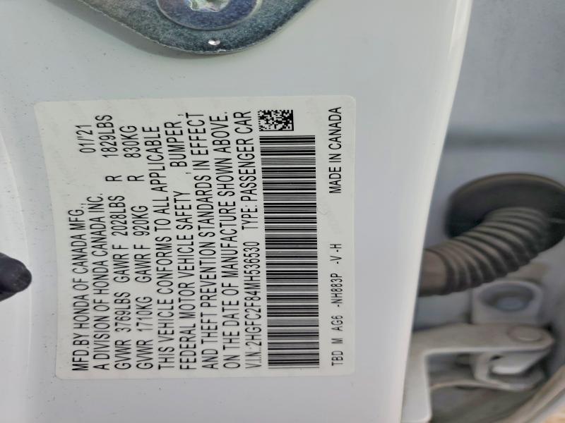 Продаж на аукціоні авто 2021 Honda Civic, vin: 2HGFC2F84MH536530, номер лоту: 78747625