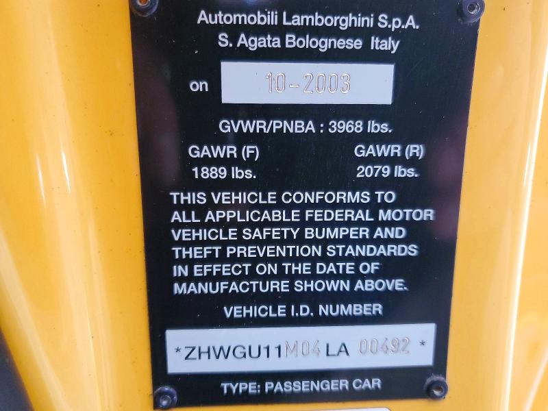 Продаж на аукціоні авто 2004 Lamborghini Gallardo, vin: ZHWGU11M04LA00492, номер лоту: 98644445