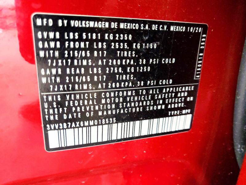 78870975 :رقم المزاد ، 3VV3B7AX6MM018535 vin ، 2021 Volkswagen Tiguan مزاد بيع