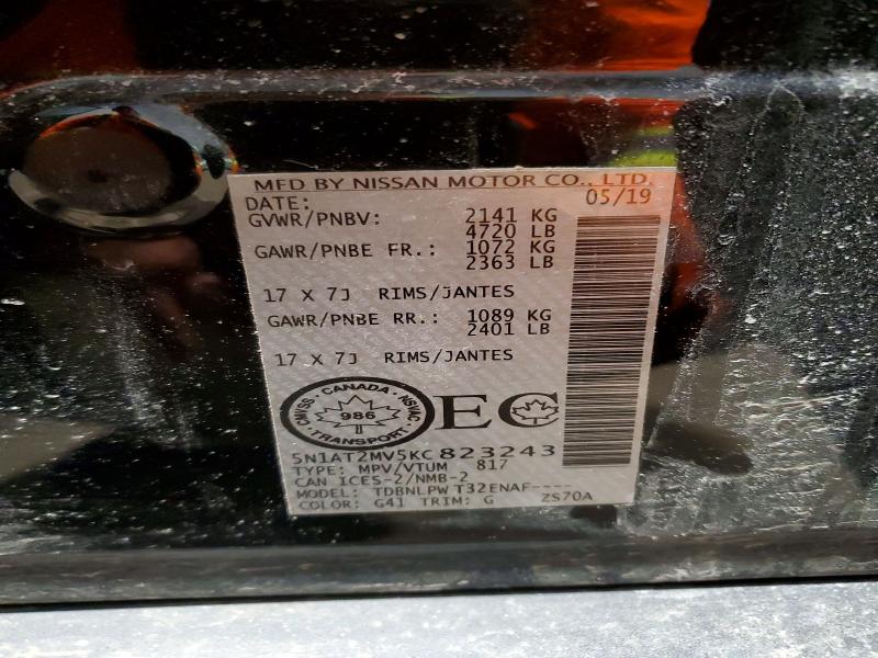 77668785 :رقم المزاد ، 5N1AT2MV5KC823243 vin ، 2019 Nissan Rogue مزاد بيع