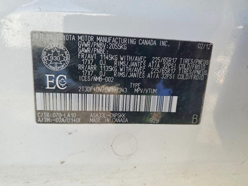 77092455 :رقم المزاد ، 2T3DF4DV7CW197343 vin ، 2012 Toyota Rav4 مزاد بيع