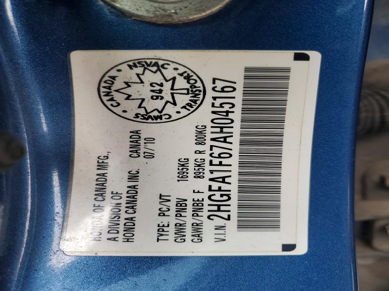 76753315 :رقم المزاد ، 2HGFA1F67AH045167 vin ، 2010 Honda Civic مزاد بيع