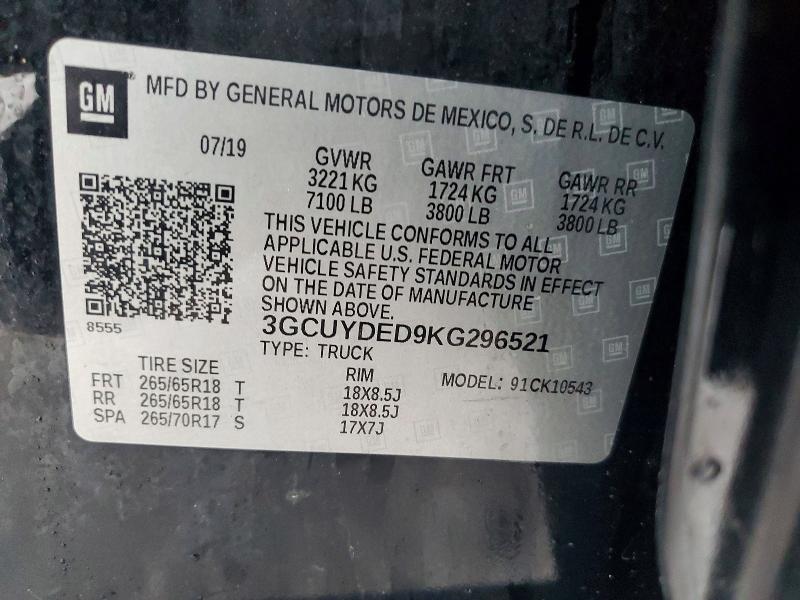 Продажа на аукционе авто 2019 Chevrolet Silverado, vin: 3GCUYDED9KG296521, номер лота: 77516875