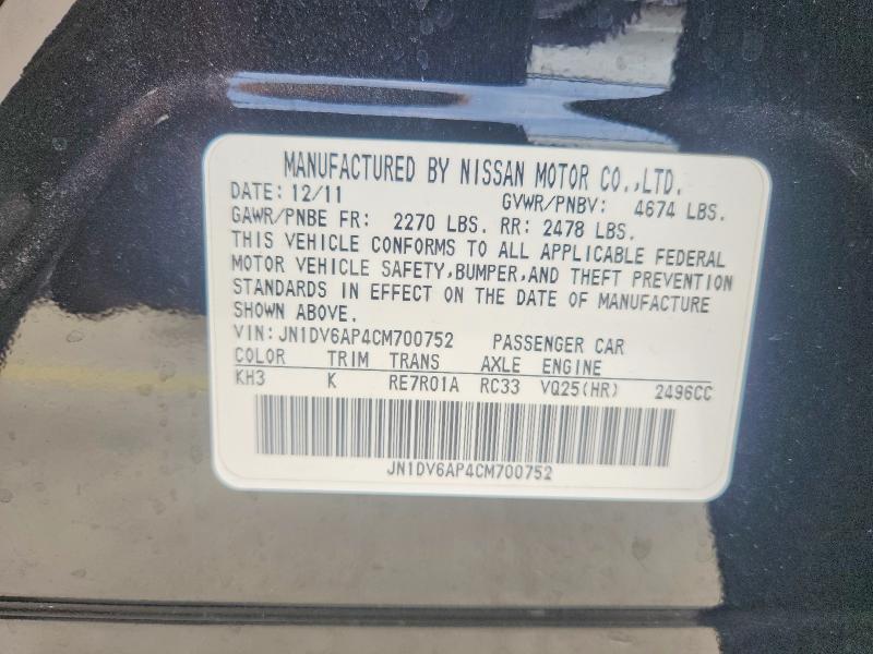 78832455 :رقم المزاد ، JN1DV6AP4CM700752 vin ، 2012 Infiniti G25 Sedan مزاد بيع