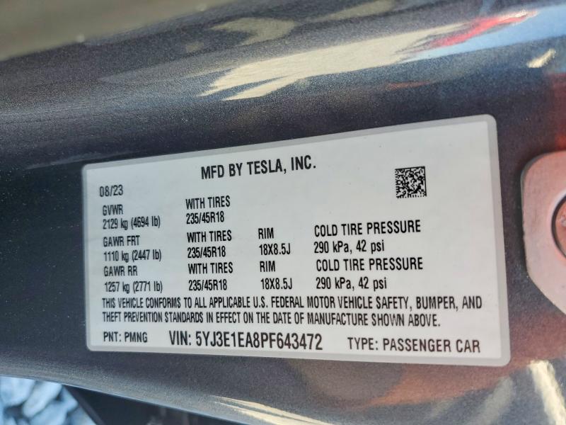 2023 Tesla Model 3 მანქანა იყიდება აუქციონზე, vin: 5YJ3E1EA8PF643472, აუქციონის ნომერი: 76141925