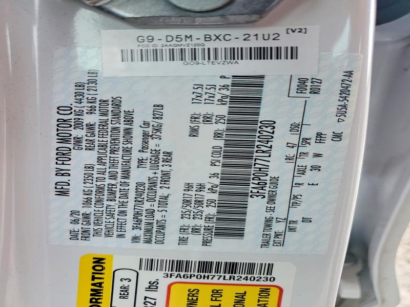 Продажа на аукционе авто 2020 Ford Fusion, vin: 3FA6P0H77LR240230, номер лота: 77528105