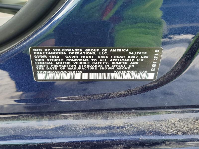 76024125 :رقم المزاد ، 1VWBN7A37DC129740 vin ، 2013 Volkswagen Passat مزاد بيع