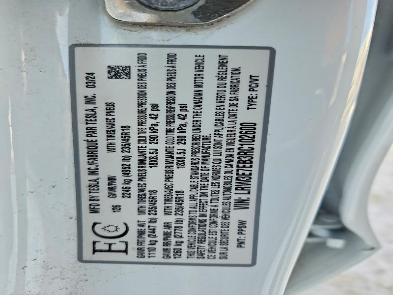 Продаж на аукціоні авто 2024 Tesla Model 3, vin: LRW3E7EB3RC102600, номер лоту: 75598575