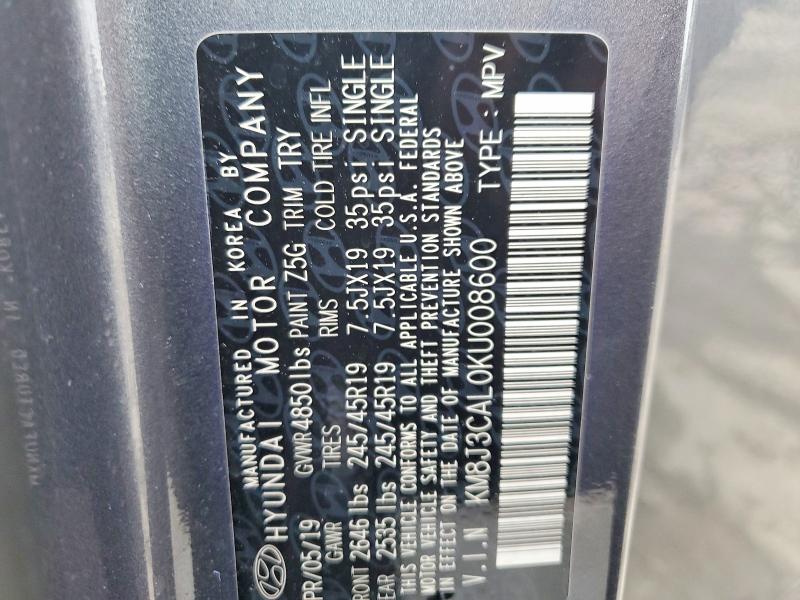 77492195 :رقم المزاد ، KM8J3CAL0KU008600 vin ، 2019 Hyundai Tucson مزاد بيع