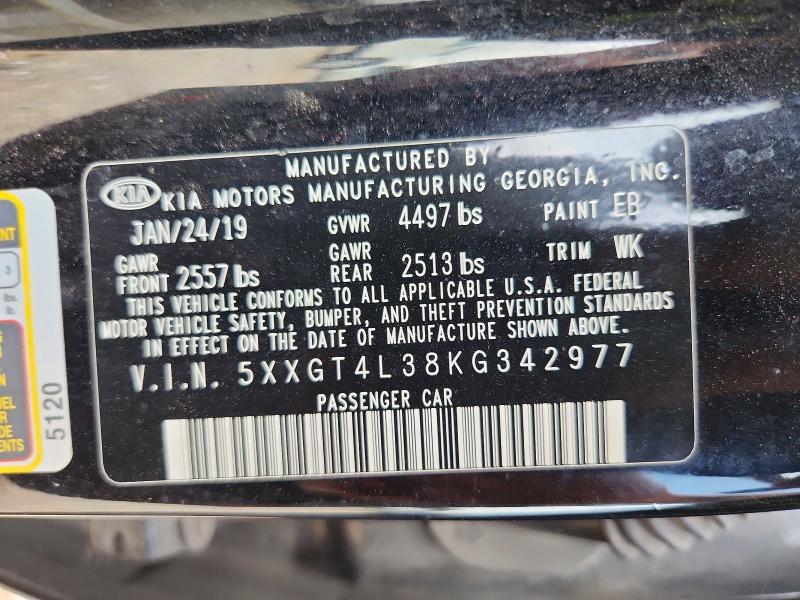 2019 Kia Optima მანქანა იყიდება აუქციონზე, vin: 5XXGT4L38KG342977, აუქციონის ნომერი: 78562275