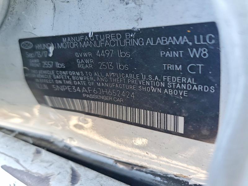 Auction sale of the 2018 Hyundai Sonata, vin: 5NPE34AF6JH652424, lot number: 77234735