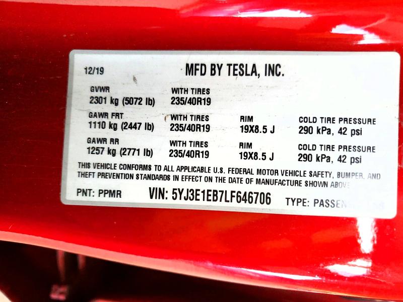 Продажа на аукционе авто 2020 Tesla Model 3, vin: 5YJ3E1EB7LF646706, номер лота: 77012585
