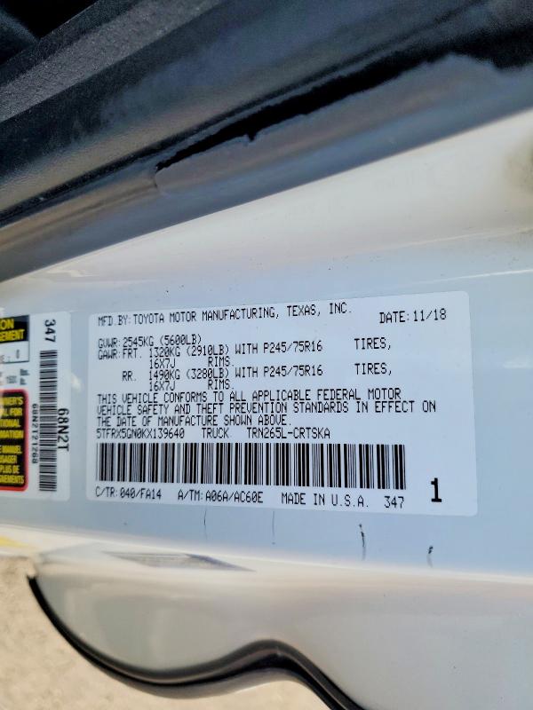 77166285 :رقم المزاد ، 5TFRX5GN0KX139640 vin ، 2019 Toyota Tacoma Acc مزاد بيع