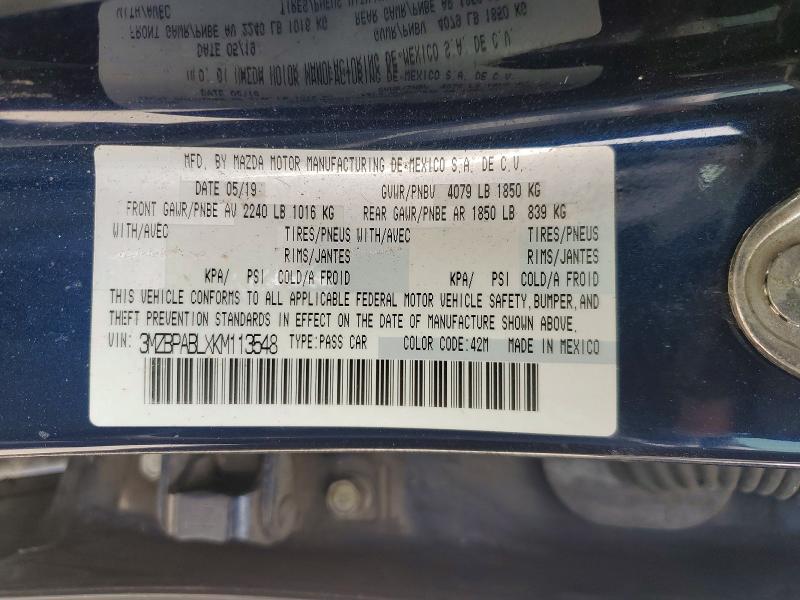2019 Mazda 3 მანქანა იყიდება აუქციონზე, vin: 3MZBPABLXKM113548, აუქციონის ნომერი: 78541815