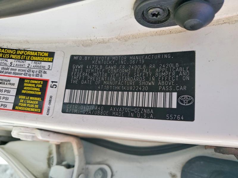 78331415 :رقم المزاد ، 4T1B11HK1KU822430 vin ، 2019 Toyota Camry مزاد بيع
