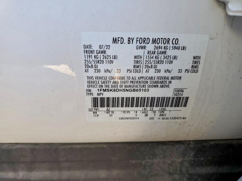 76458425 :رقم المزاد ، 1FMSK8DH5NGB65103 vin ، 2022 Ford Explorer مزاد بيع