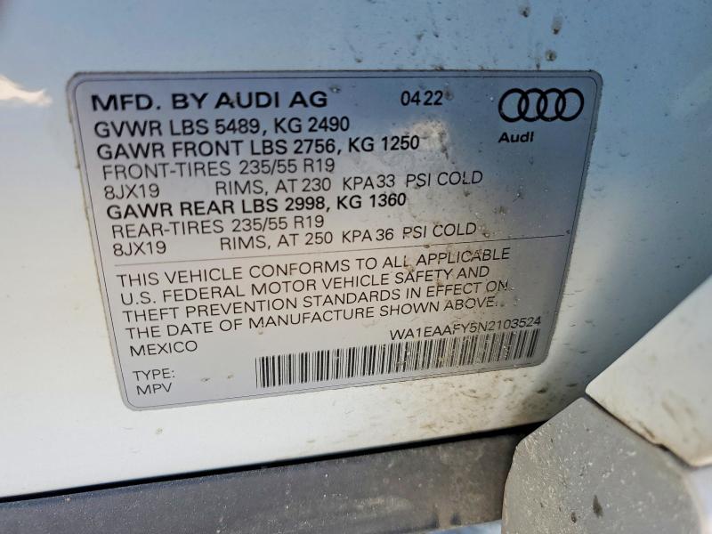 Aukcja sprzedaży 2022 Audi Q5, vin: WA1EAAFY5N2103524, numer aukcji: 76851365