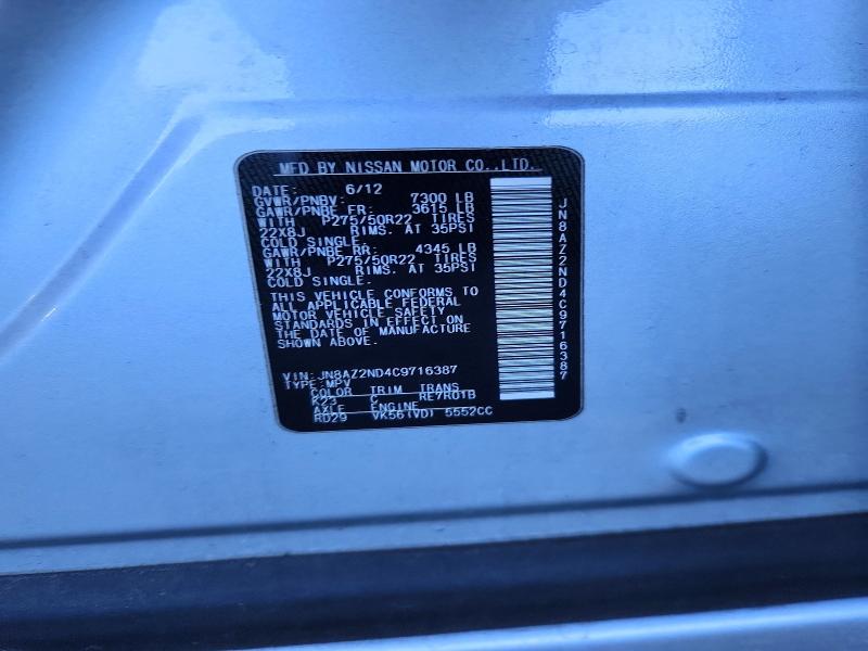 78519705 :رقم المزاد ، JN8AZ2ND4C9716387 vin ، 2012 Infiniti Qx56 مزاد بيع