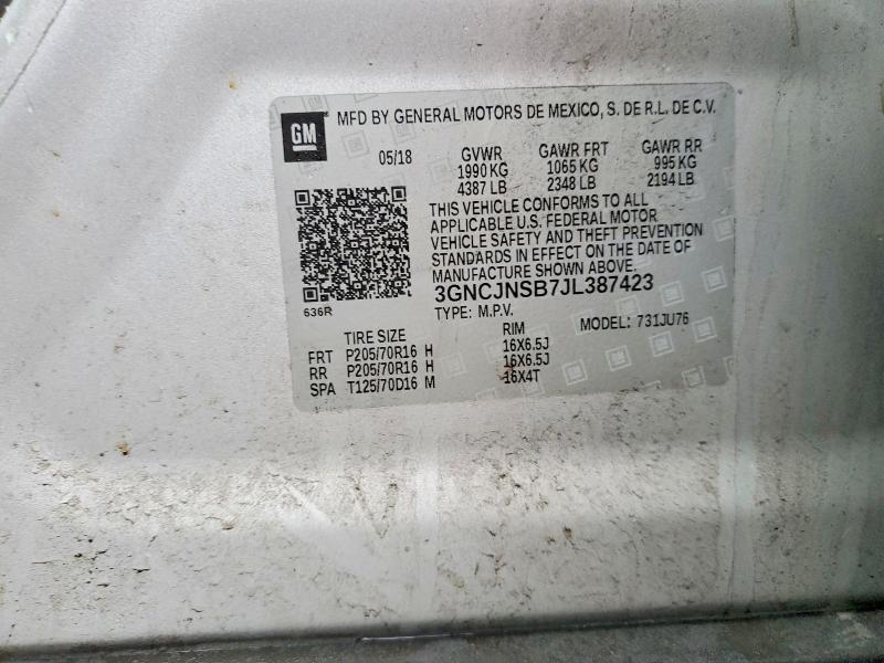 78294565 :رقم المزاد ، 3GNCJNSB7JL387423 vin ، 2018 Chevrolet Trax Ls مزاد بيع
